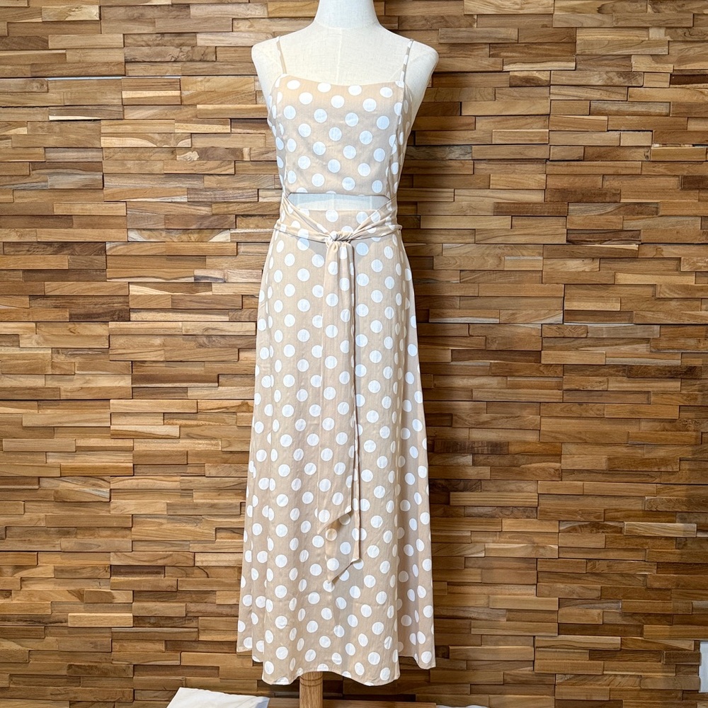 inmod | White Polka Dot Tie on Tan | Front Cutout | Maxi Dress | Small